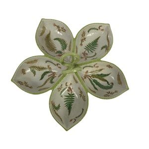 Vintage Relish Plate with Handle 4 Compartment 9.5 Inch Olive Leaves Oval Ferns